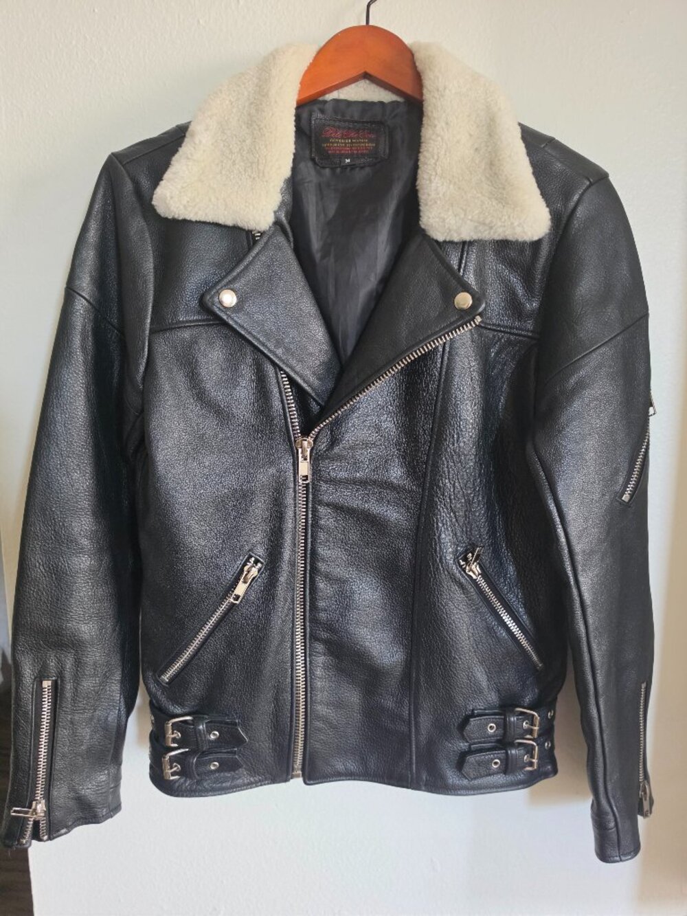 Pele Che Coco Reworked Leather Moto Jacket Sherpa Collar Black Size M